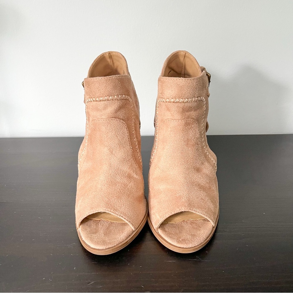 DIBA Tan Ankle Boots with Peep-Toe and Stacked Heel Bootie.  Excellent Condition